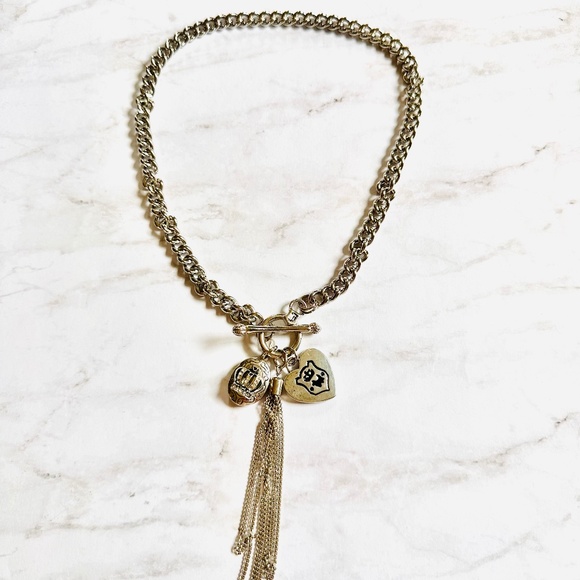 JUICY COUTURE Necklace Crystal Locket, Heart, Tassel Toggle Silvertone - Picture 3 of 5